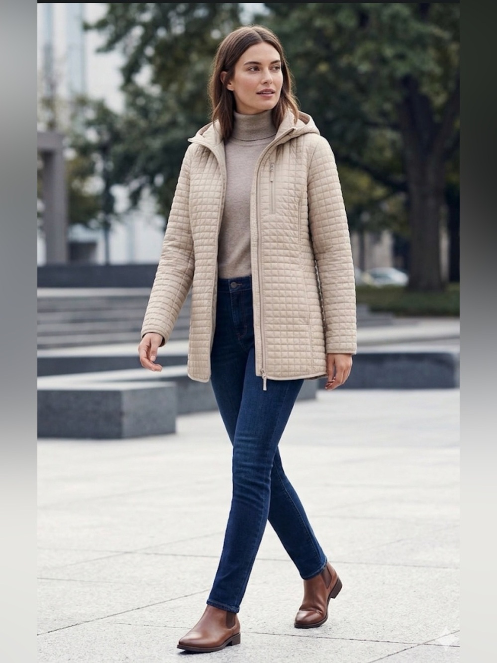 Lands' Tan Quilted Hooded Coat women’s size xsmall NWT